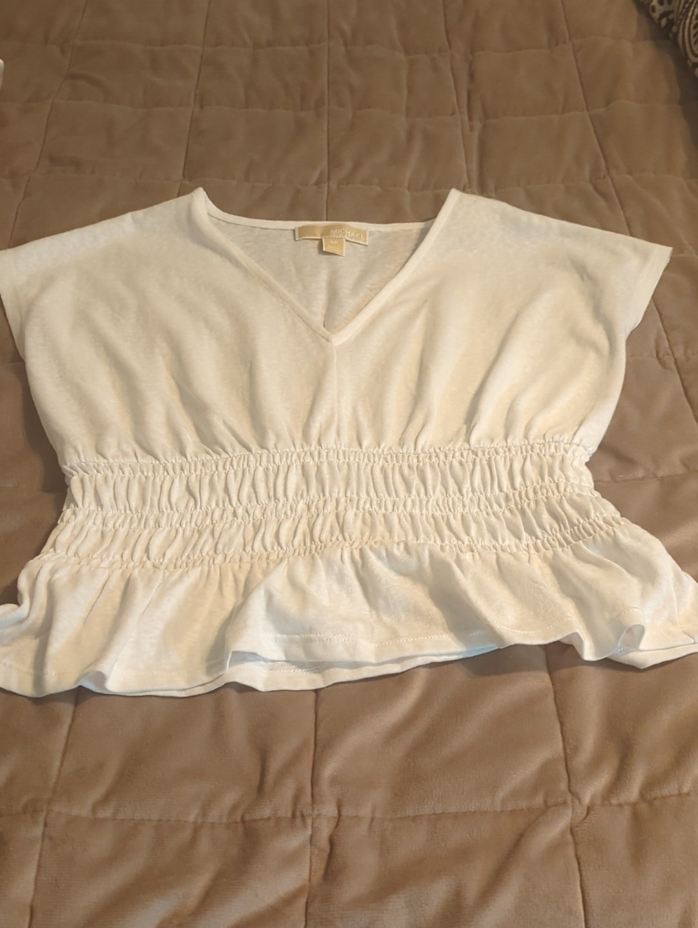 Michael Kors White V-Neck Smocked Peplum Crop Top